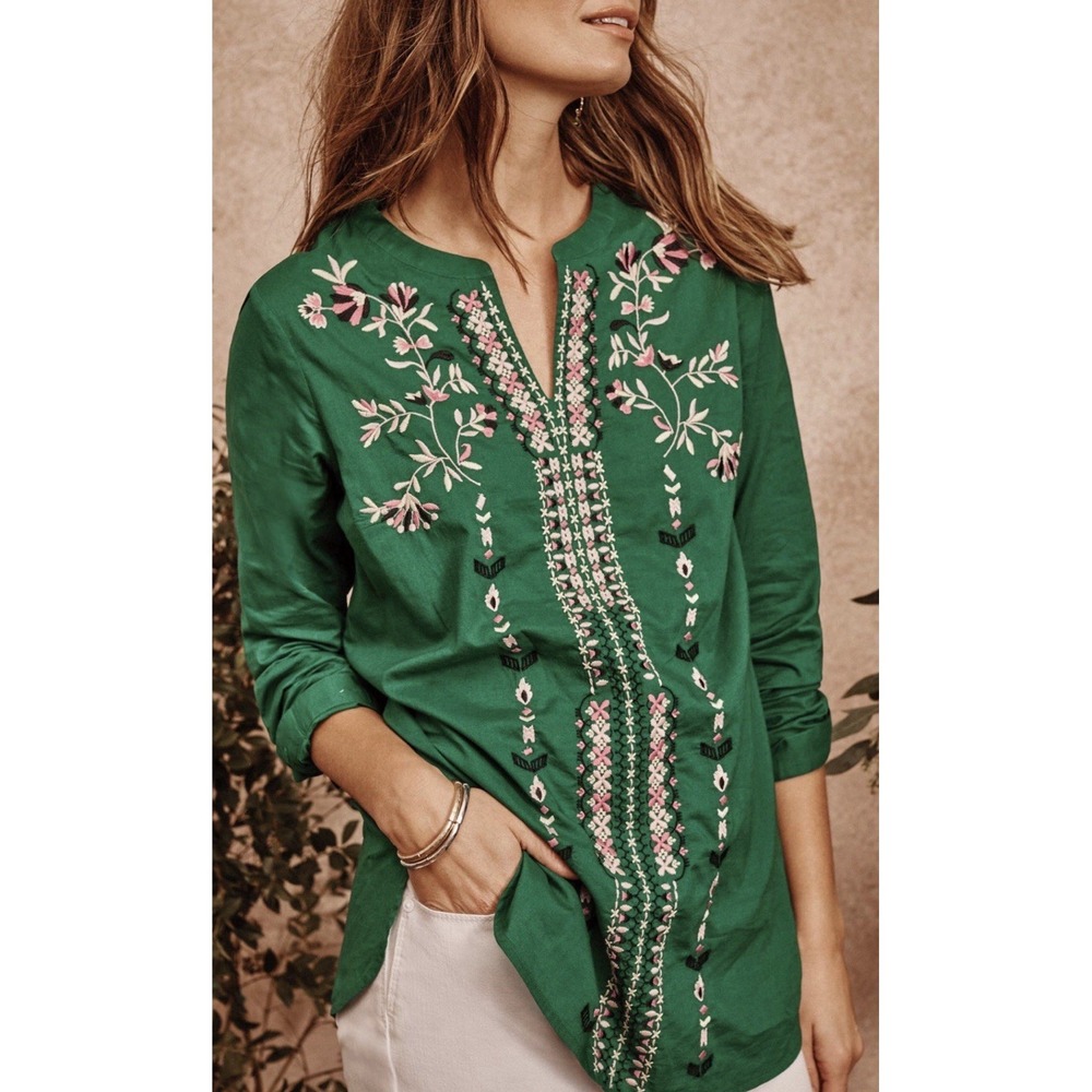 J. Jill  Sz XL Green Embroidered Cotton Popover Split Neck Tunic Top Boho